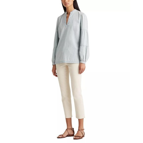 LAUREN RALPH LAUREN Chambray V-Neck Top - Vintage Chambray Wash - Medium Petite - Picture 3 of 4
